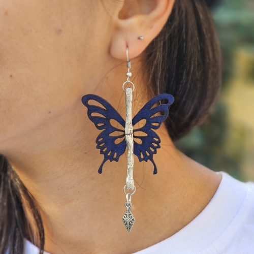 Cercei Zamac si piele naturala Zpl031 Bleumarin